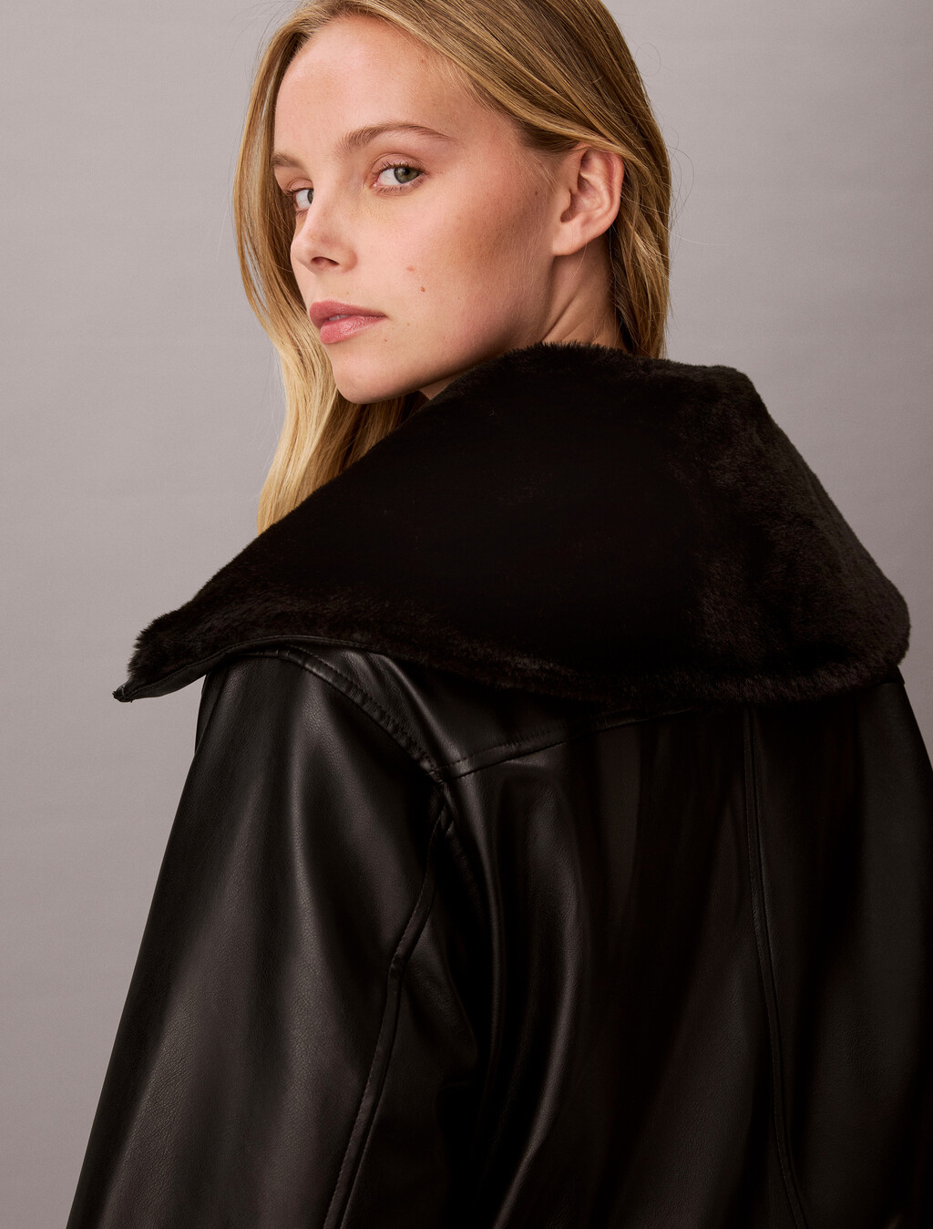 Faux Leather Bomber Jacket, Black, hi-res