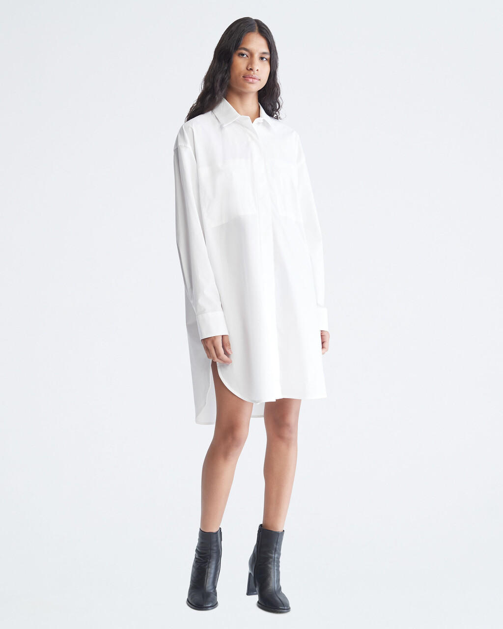 LONG SLEEVE POPLIN SHIRT DRESS, Brilliant White, hi-res