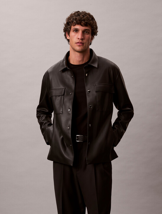 Faux Leather Shirt Jacket