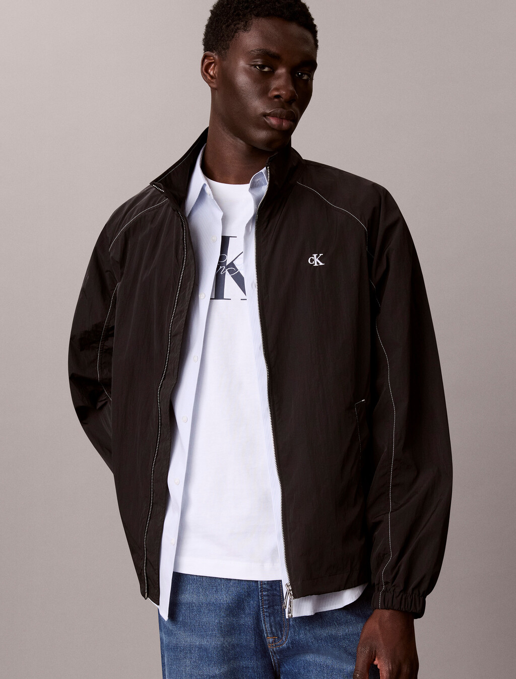 Lightweight Nylon Varsity Track Jacket, Black, hi-res