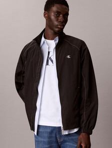 Lightweight Nylon Varsity Track Jacket, Black, hi-res