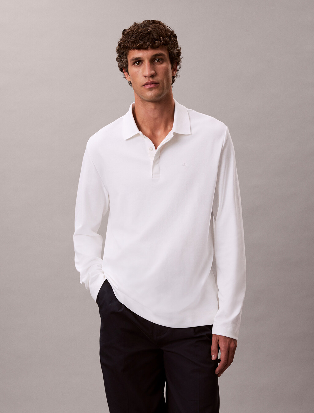 奢華綿質長袖 Polo 衫, Bright White, hi-res