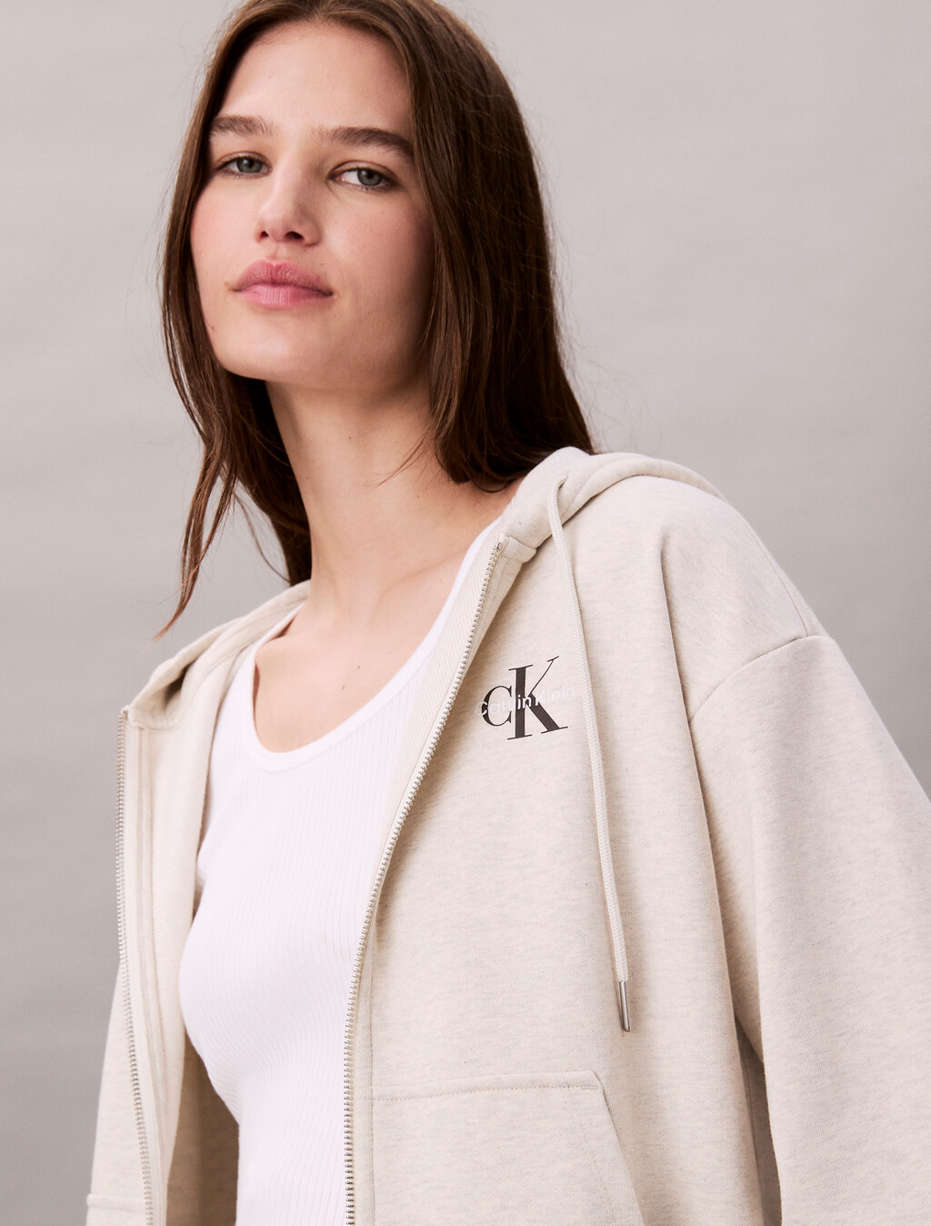 Monogram Cotton Terry Zip Thru Hoodie, Vanilla Heather, hi-res