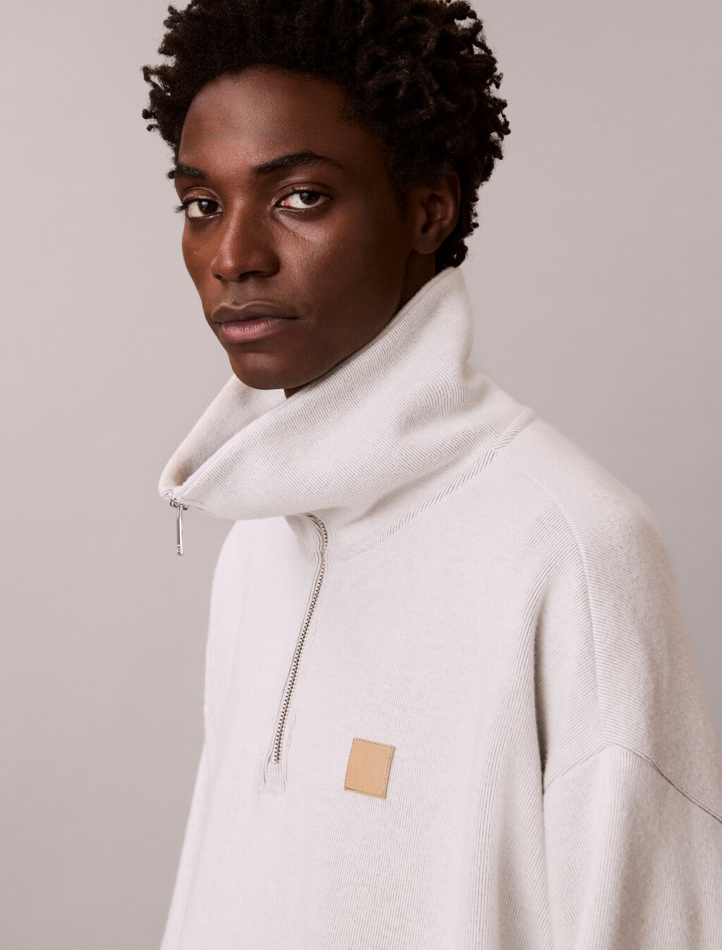 Brushed Rib 1/4 Zip Emblem Logo Sweatshirt, Chalk, hi-res