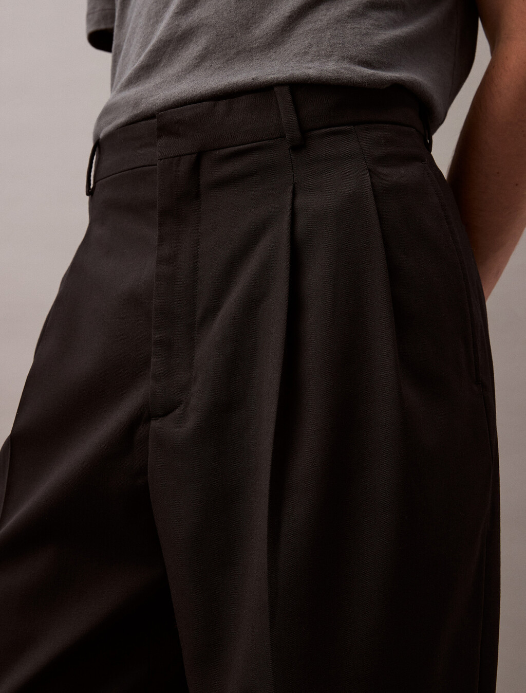 Wool Straight Pleated Trousers, Black Beauty, hi-res