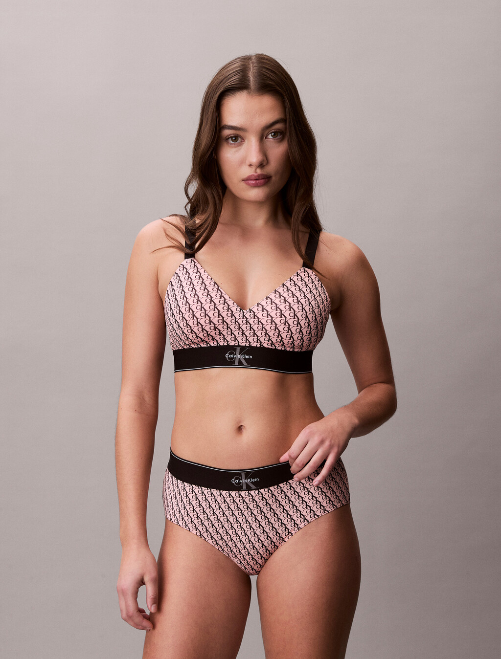 Lightly Lined Bralette - Graphic Monogram Microfibre Stretch, MINI STEPPING LOGO BRIGHT PEACH, hi-res