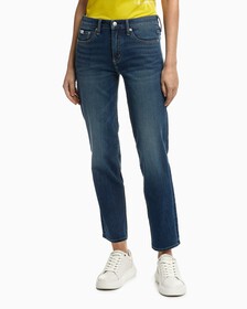 ULTIMATE STRETCH 中度洗水修身直腳牛仔褲, Med Blue Embro Hem, hi-res