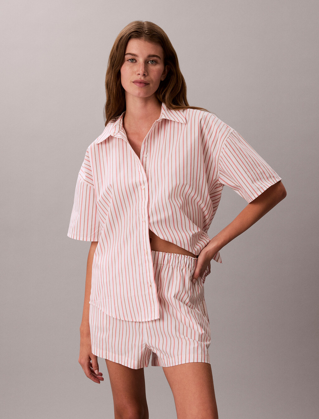 Cotton Poplin Pyjama Shorts, AURORA STRIPE PEACH BLISS, hi-res
