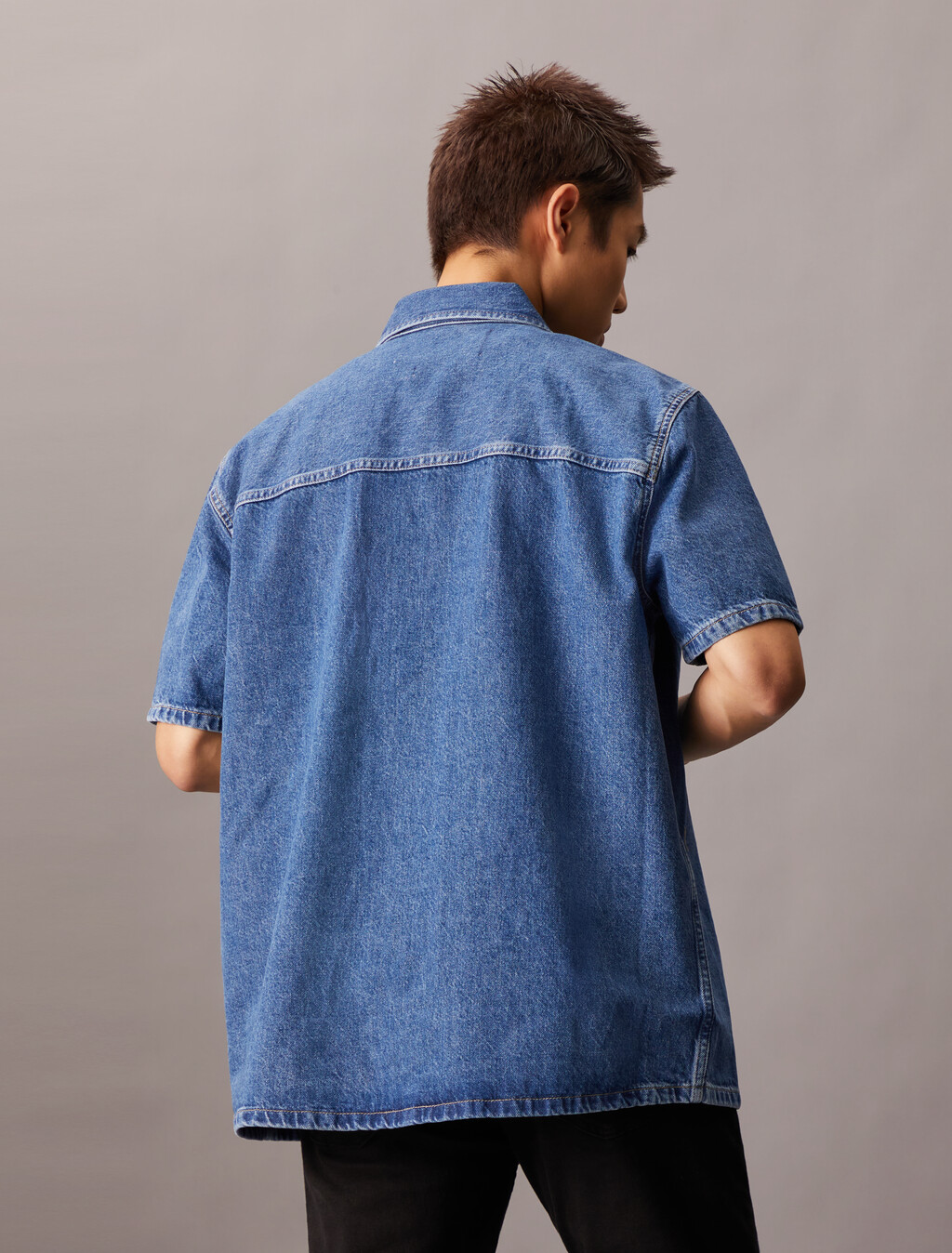 牛仔短袖襯衫, Denim Medium, hi-res