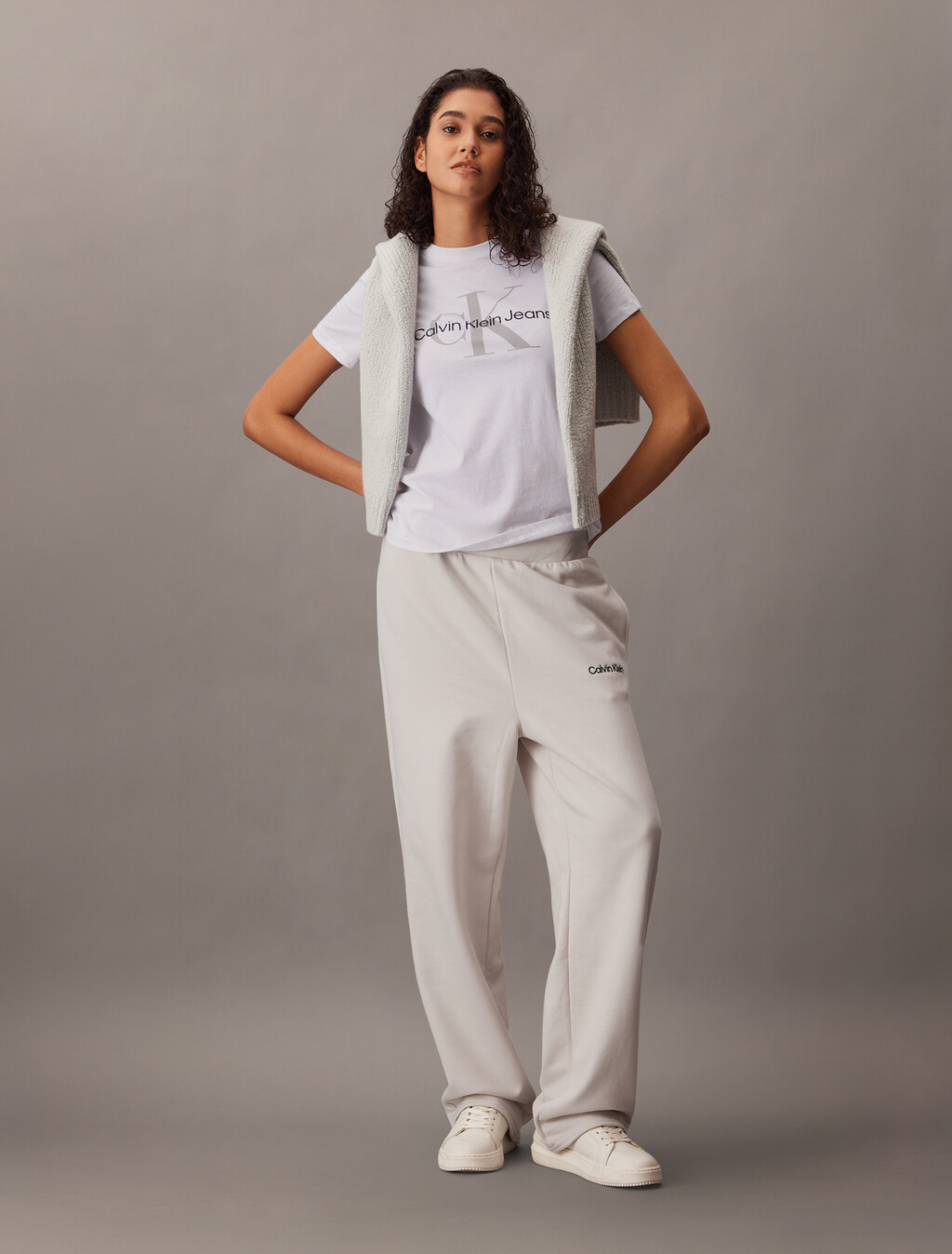 棉質毛圈直筒運動褲, Chalk, hi-res