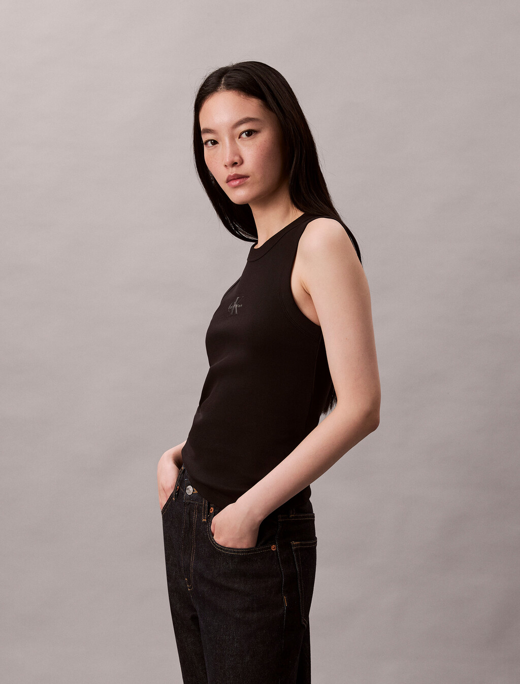 Monogram Rib Knit Tank Top, Black, hi-res