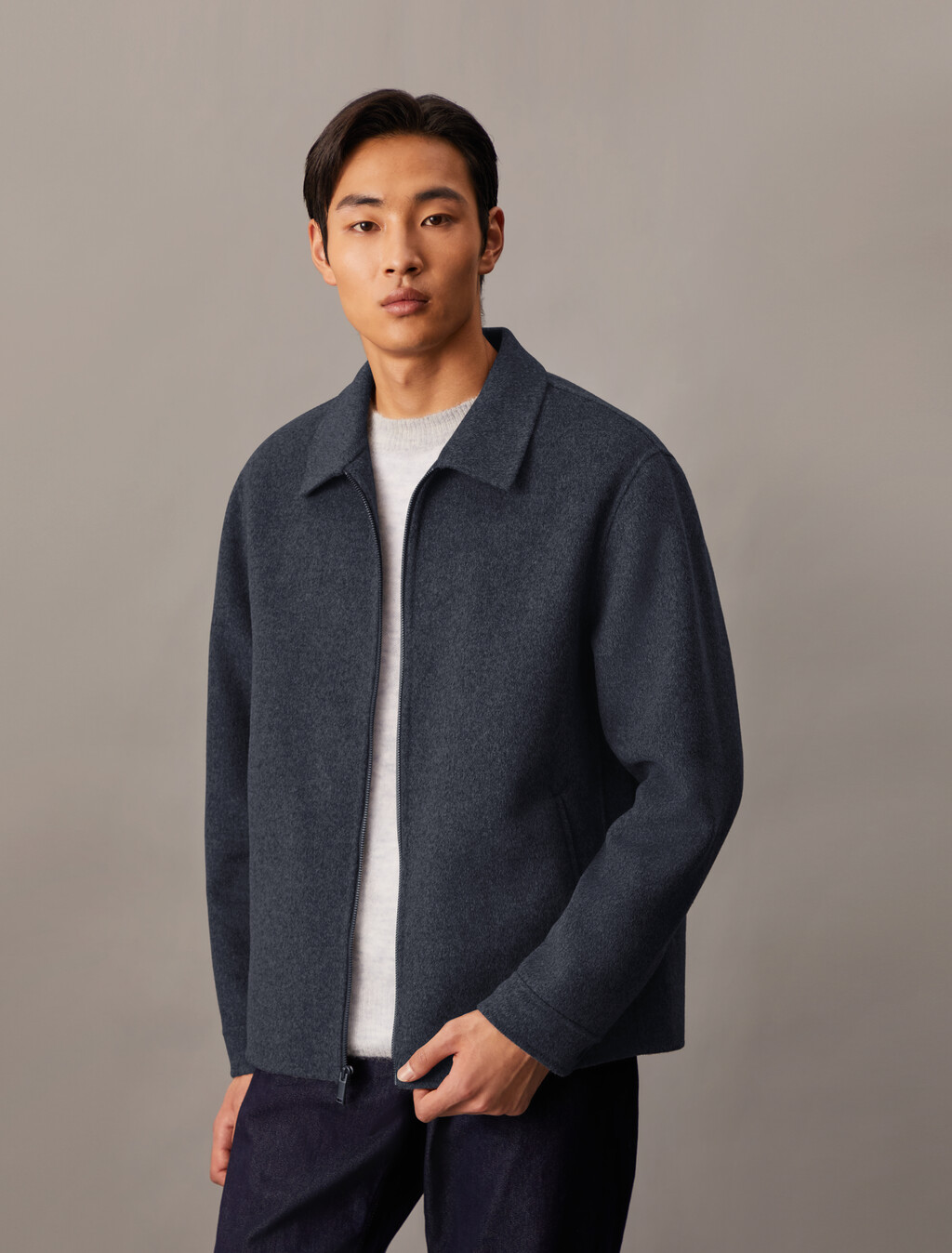 Mélange Wool Blend Short Full Zip Jacket, Ebony, hi-res