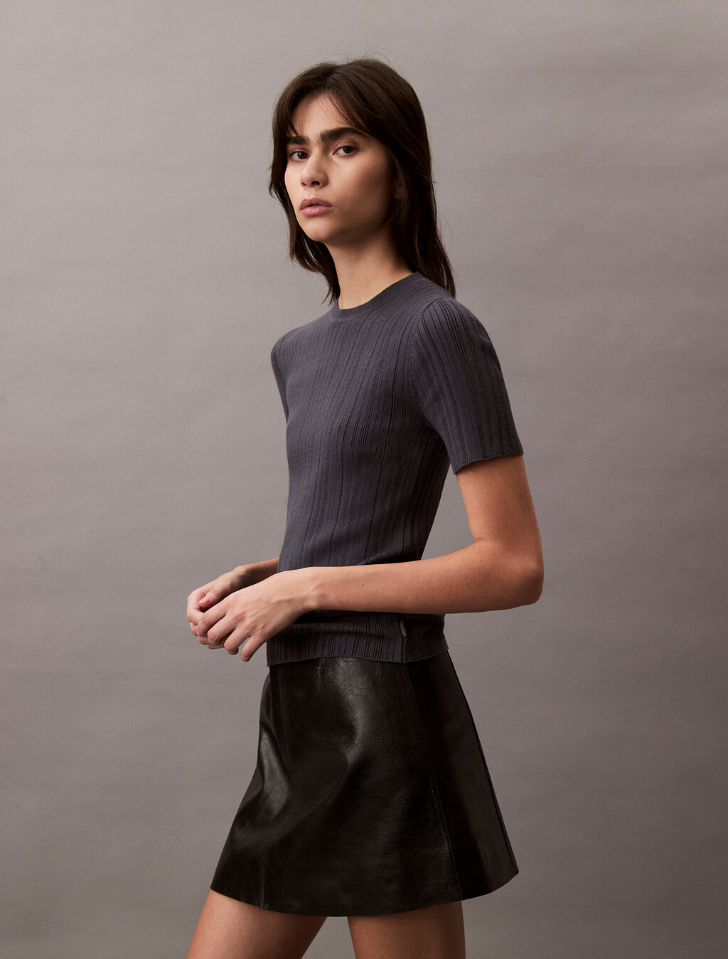 Cotton Variegated Rib Knit Top, Ebony, hi-res