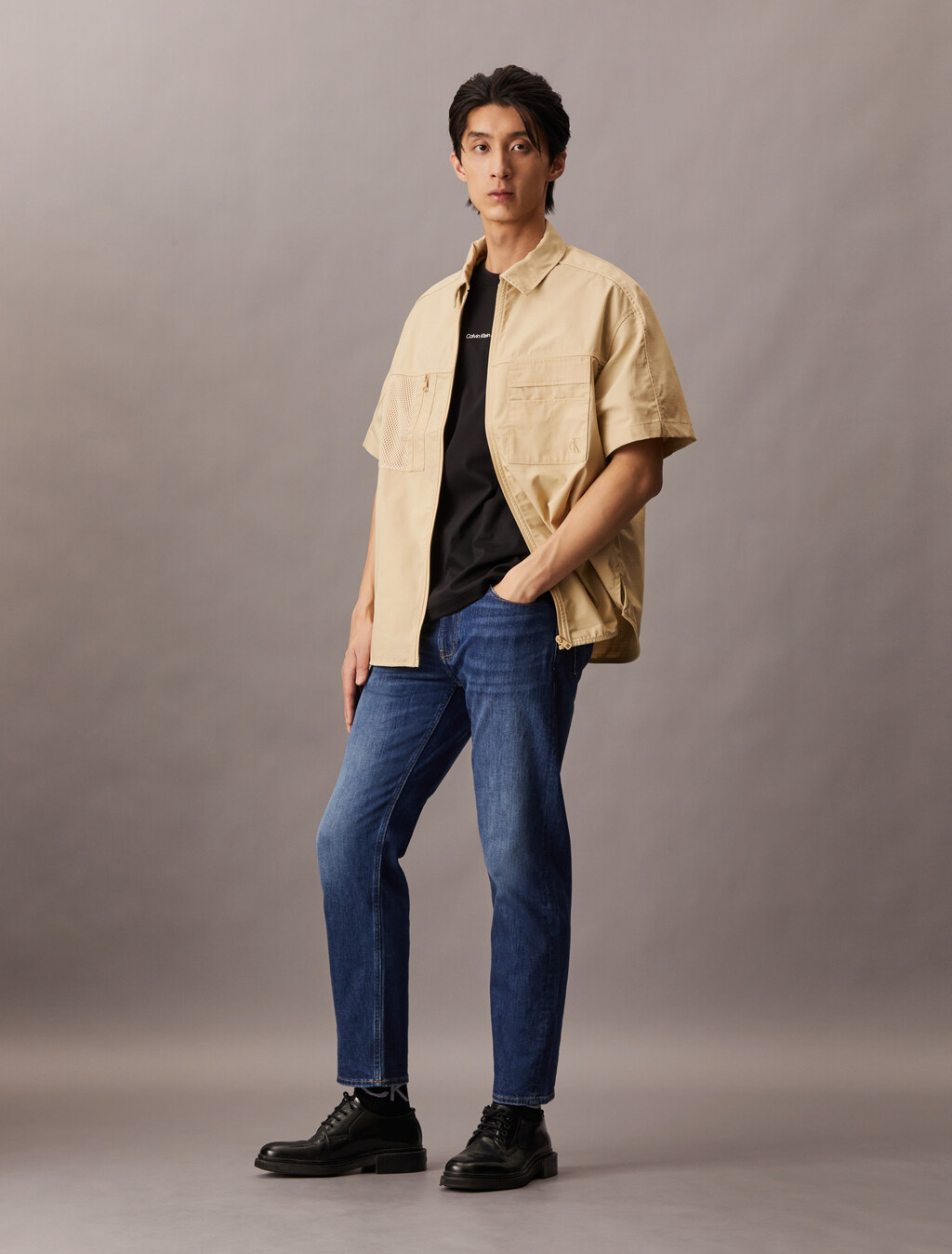 Cooling Mixed Media Zip Up Overshirt, Pale Khaki, hi-res