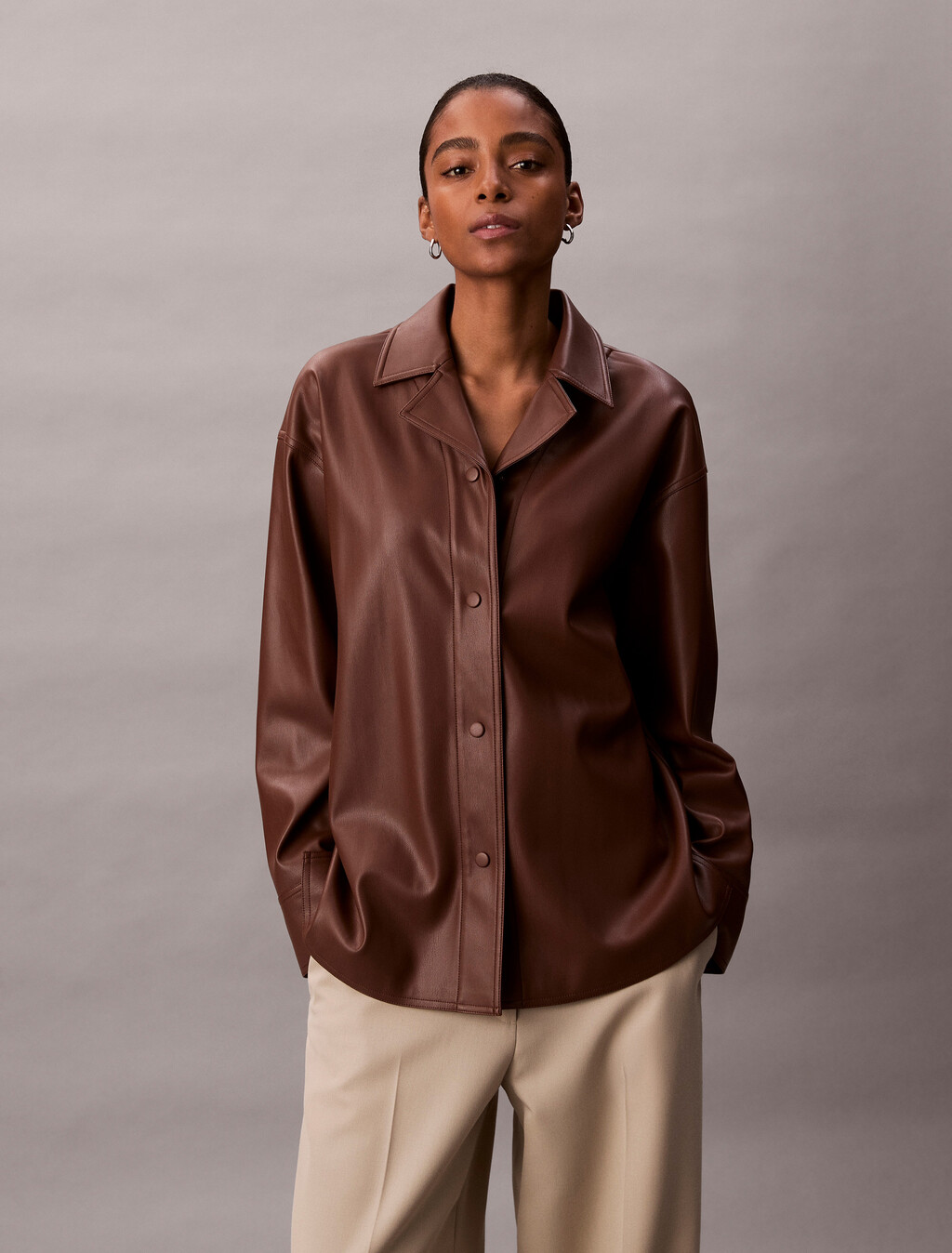 Relaxed Faux Leather Shirt, Rocky Road, hi-res