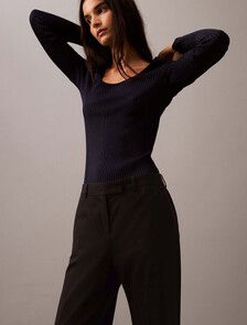 低腰羊毛華達呢混紡長褲, Black Beauty, hi-res