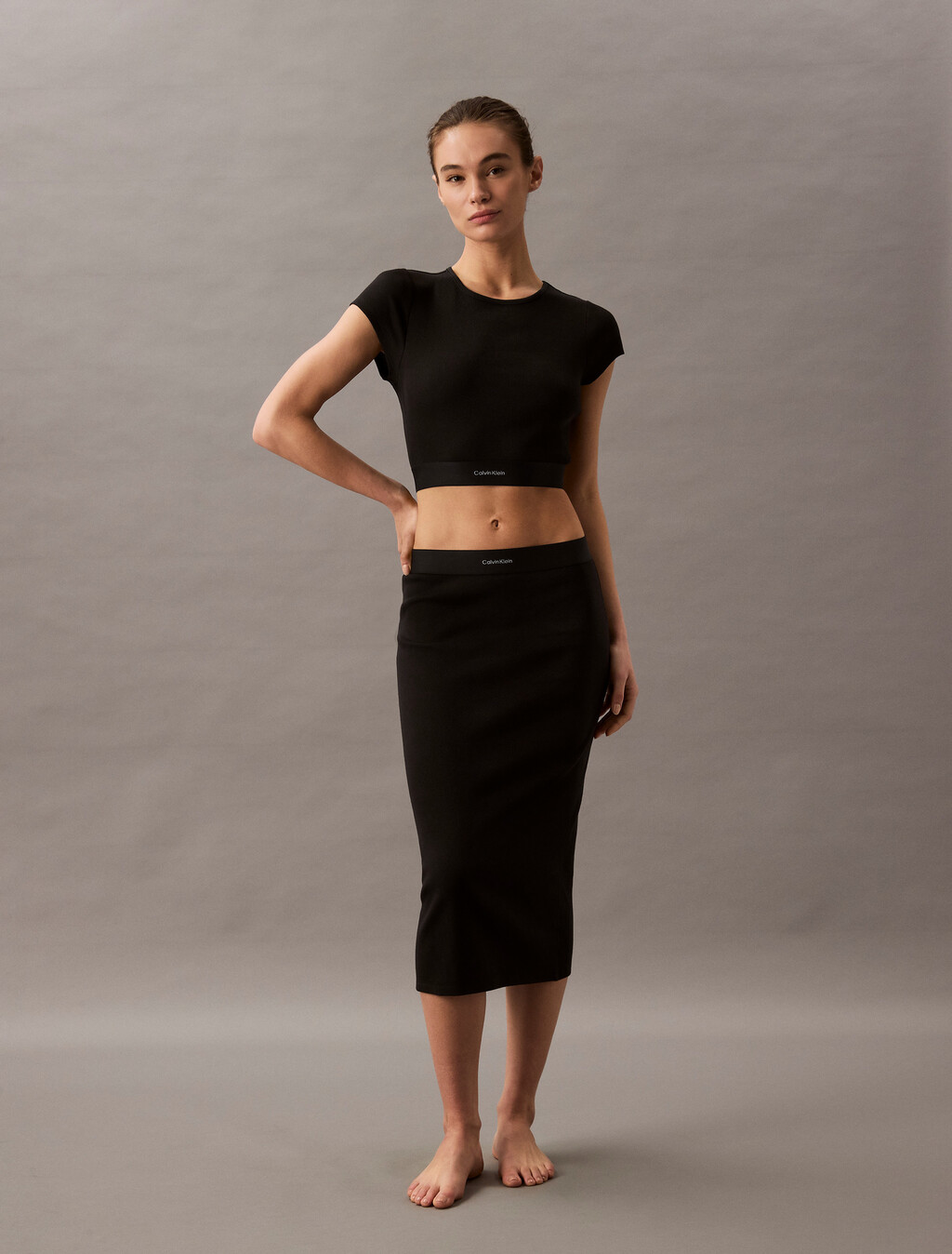Rib Knit Cropped Tee, Black, hi-res