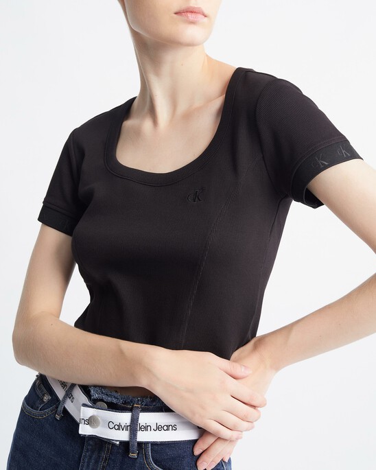 Logo Tape Rib Knit Cropped Tee