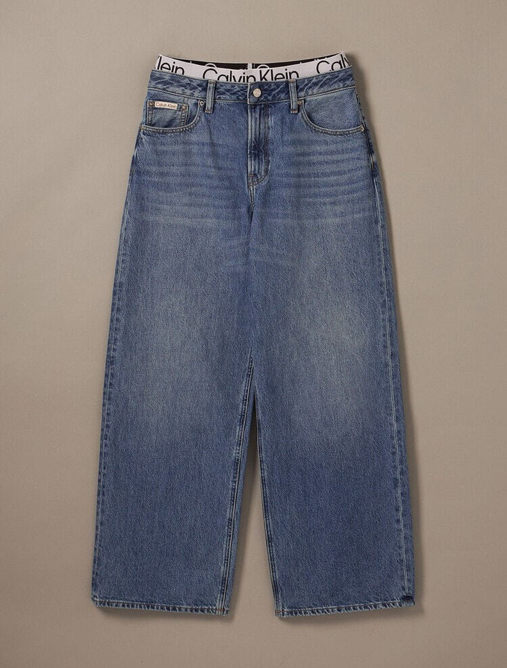 Logo Waistband Low Rise Baggy Jeans, MID BLUE, hi-res