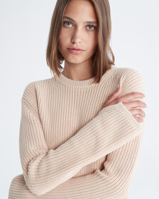Smooth Cotton Chunky Knit Crewneck Sweater, Neutral Tan, hi-res