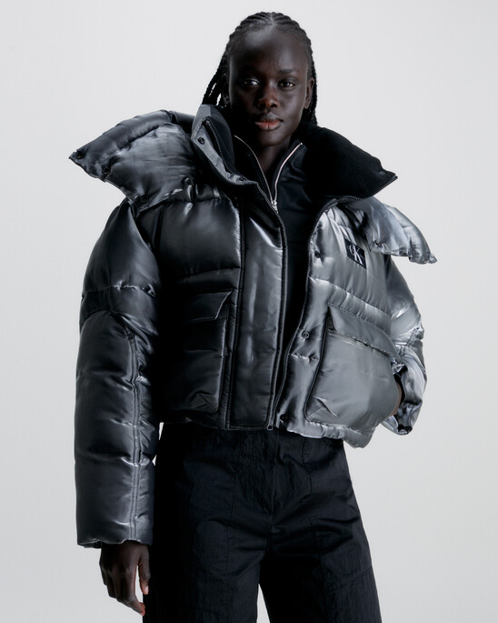 Liquid Metal Hooded Puffer Jacket