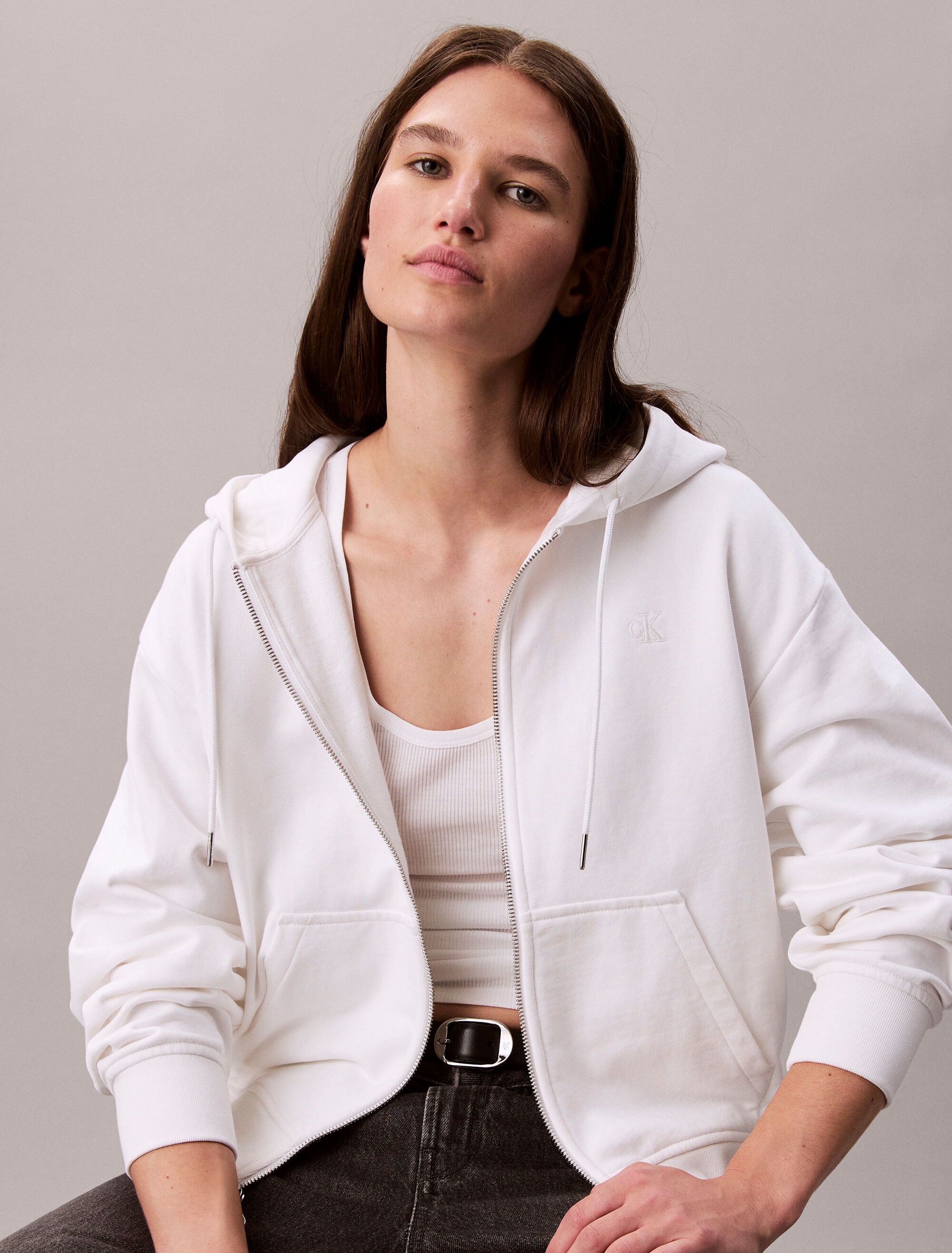 Cotton Terry Zip Up Hoodie | white | Calvin Klein Hong Kong
