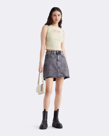 A-Line Frayed Denim Mini Skirt, 216A GREY DSTR, hi-res