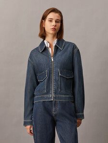 Oversized Zip Up Denim Jacket, Denim Dark, hi-res