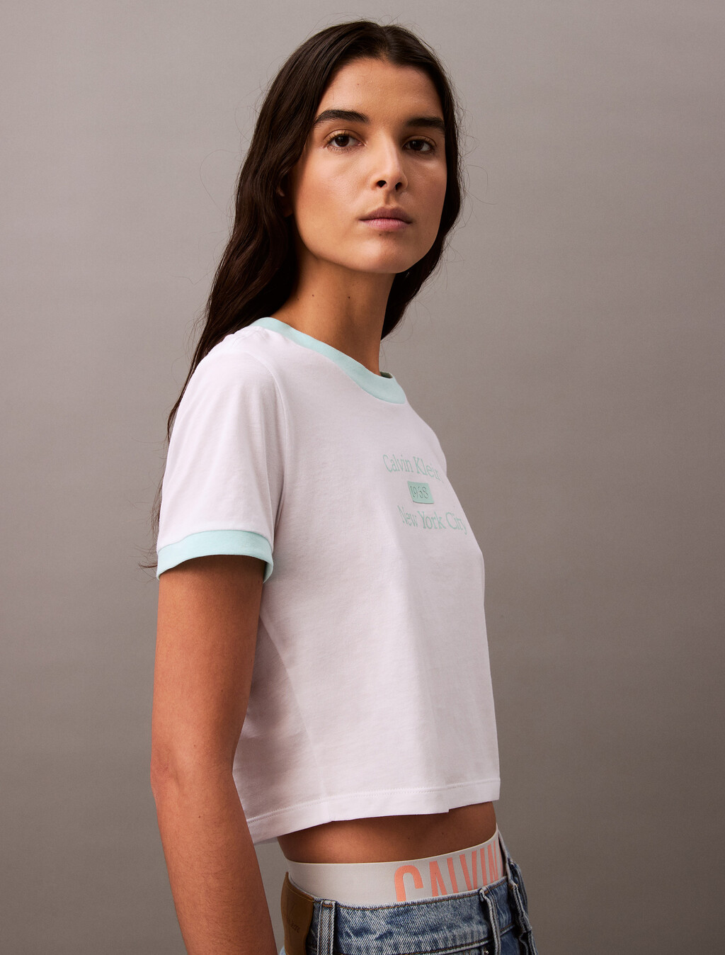 Cropped Logo Ringer T-shirt, Brilliant White_Blue Light, hi-res