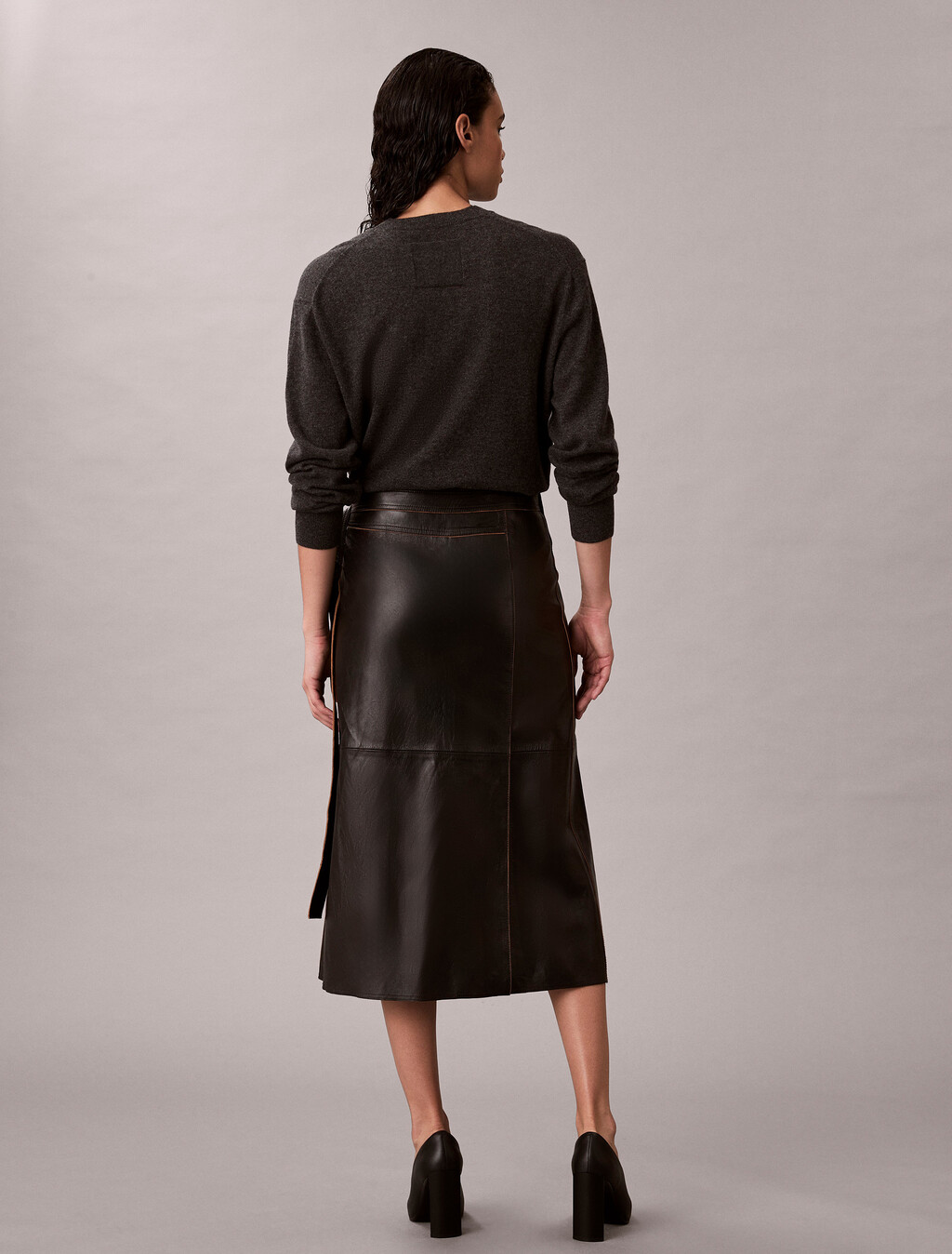 Leather Midi Wrap Skirt, Black, hi-res