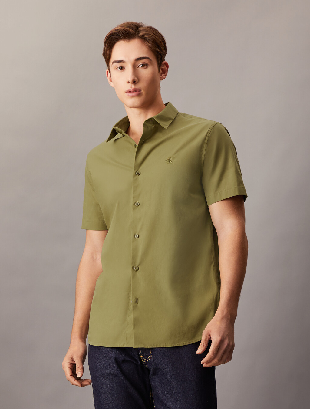 Essentials Monogram Slim Shirt, Gothic Olive, hi-res