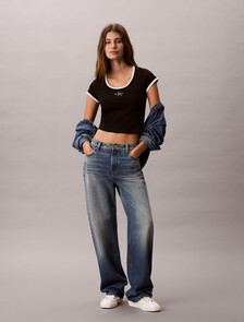 Slim Cotton Stretch Ringer T-shirt, Black, hi-res