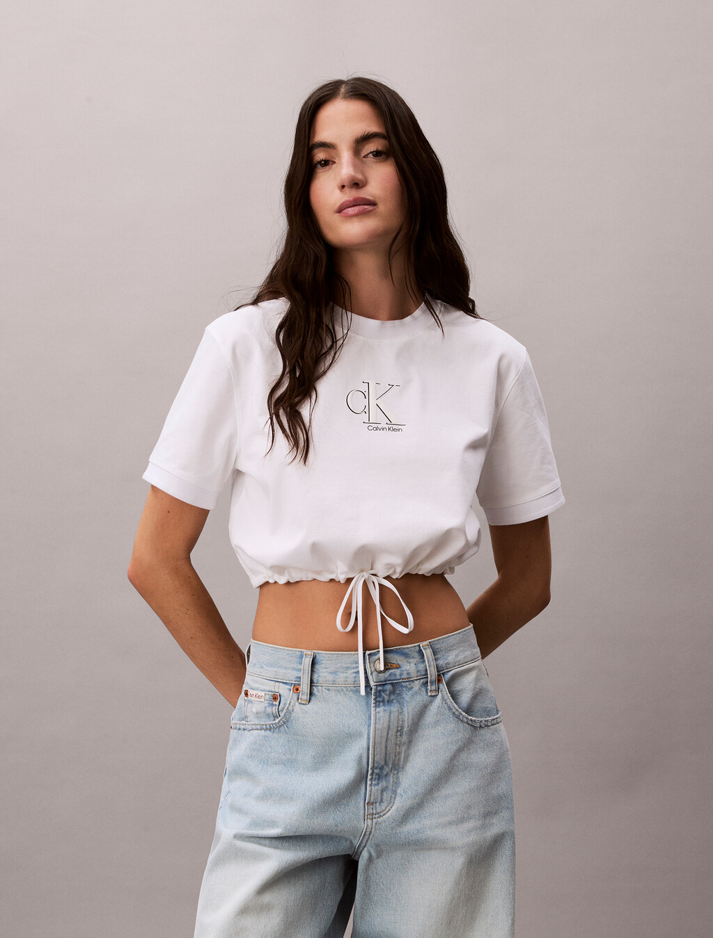 Cropped Tie Waist Logo T-shirt, Bright White, hi-res