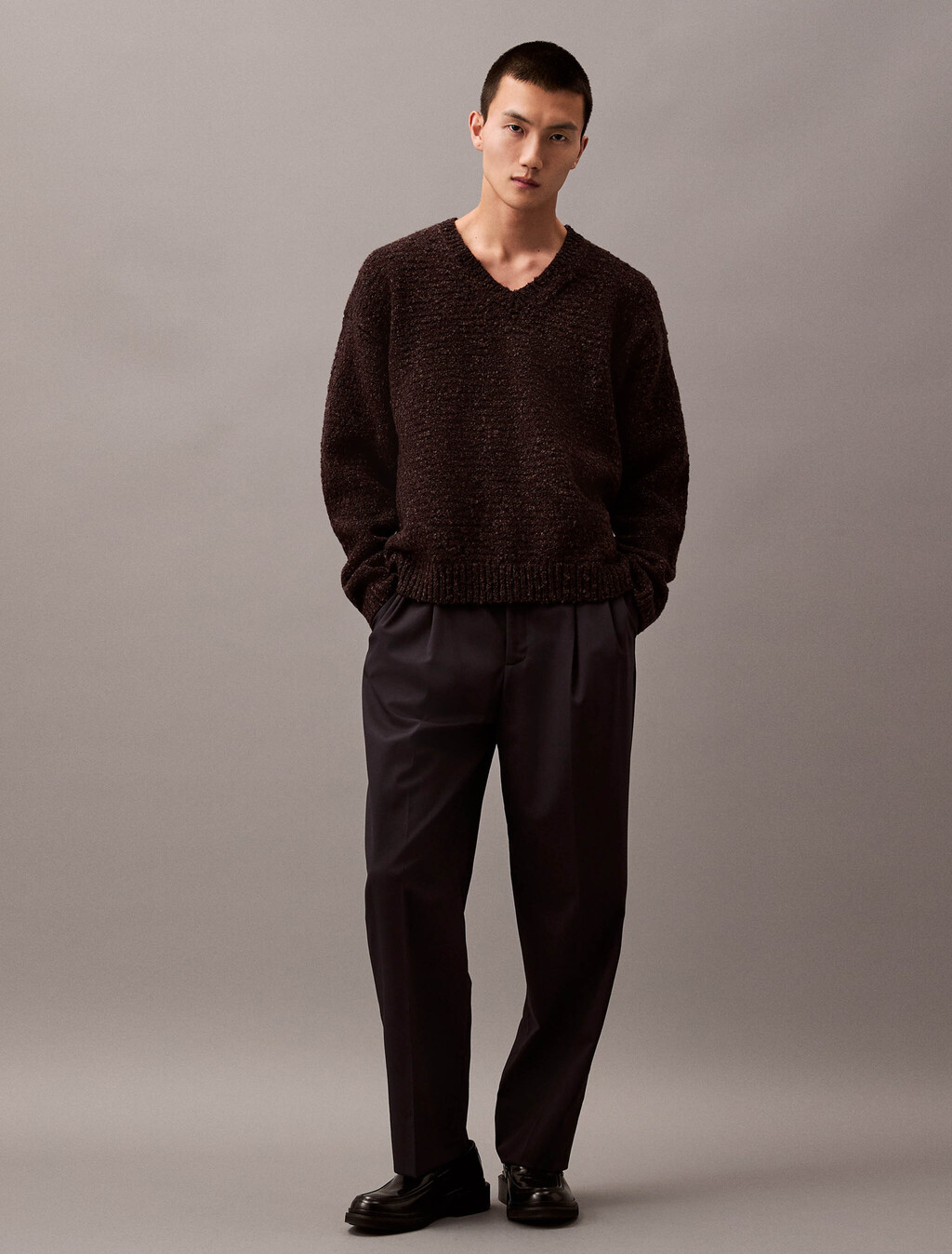 Chunky Wool V Neck Sweater, Mulch Htr, hi-res