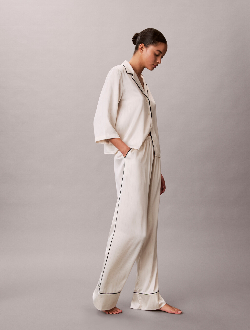 Satin Sheen Pant, DOTTED LOGO PINSTRIPE IVORY, hi-res