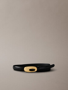 Full Grain Leather Skinny Chunky Buckle Belt, BLACK/ TUMBLED DEEP GOLD, hi-res