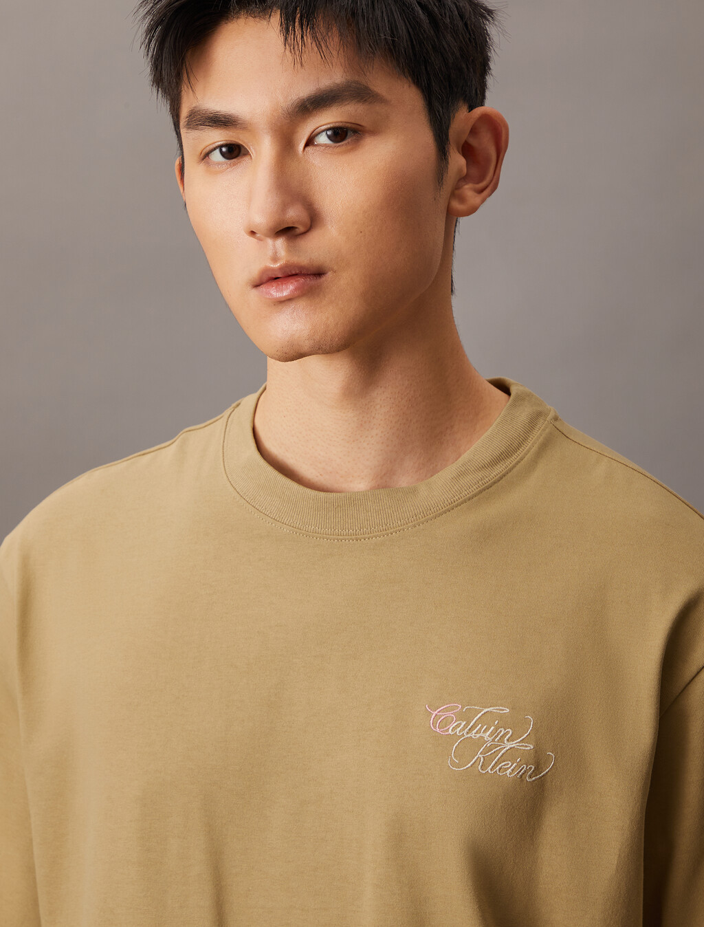 Two Tone Logo Embroidery Oversized Tee, Tannin, hi-res