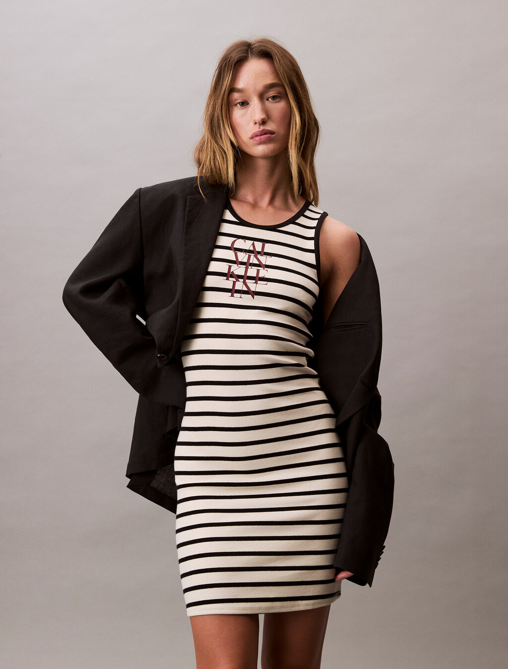 Stripe Cotton Rib Sleeveless Dress, 18764 CSM25S_K004+3_Sweet Corn, hi-res