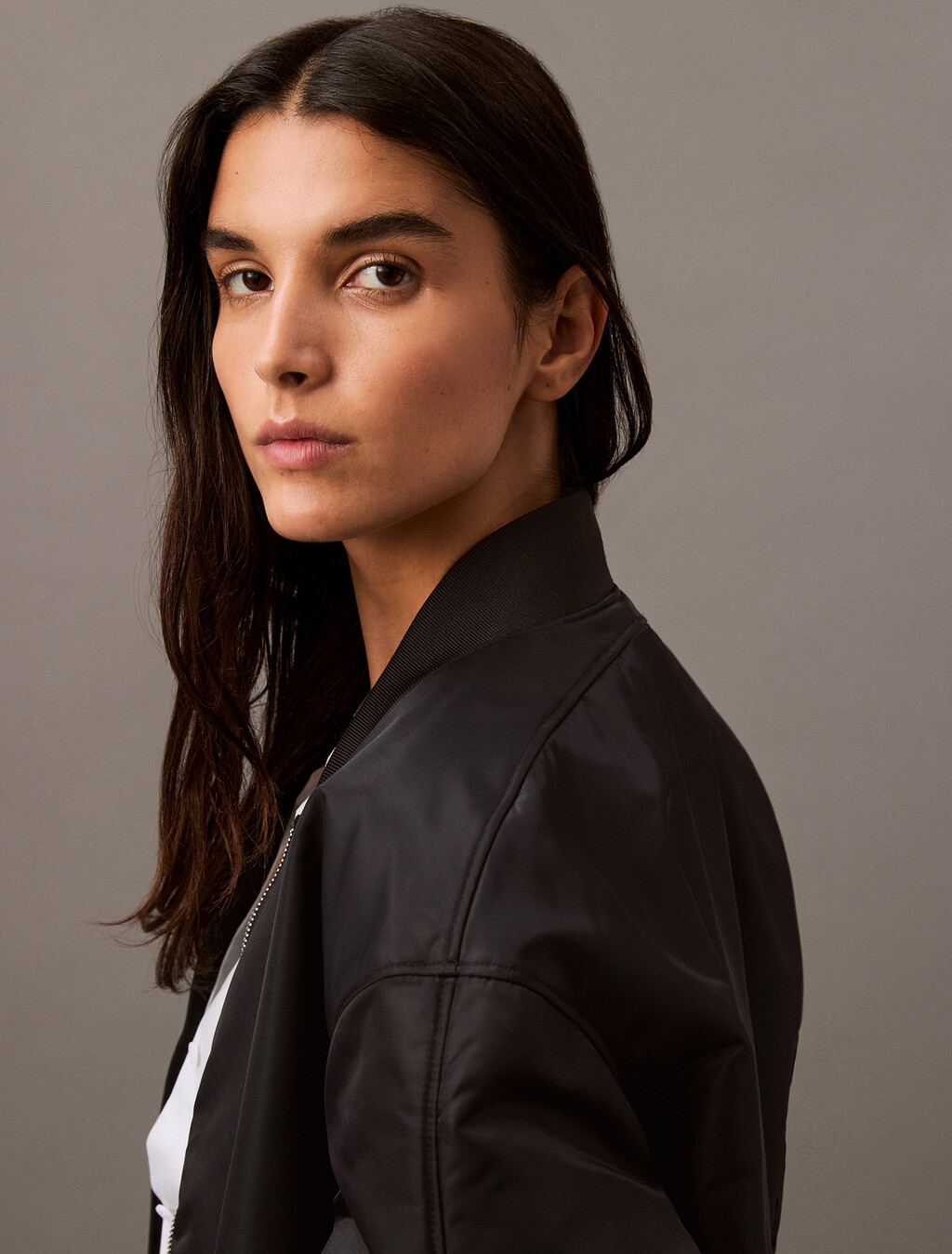 Padded Nylon Bomber Jacket, Black, hi-res
