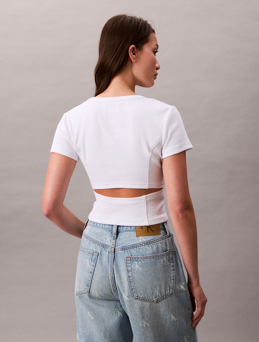 Rib Knit Open Back Cropped Top, Brilliant White, hi-res