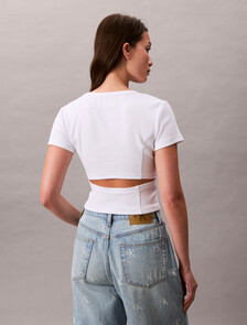 Rib Knit Open Back Cropped Top, Brilliant White, hi-res