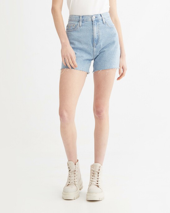 WASHED MID LENGTH FRAYED DENIM SHORTS