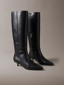 Leather Kitten Heel Knee Boots, Triple Black, hi-res