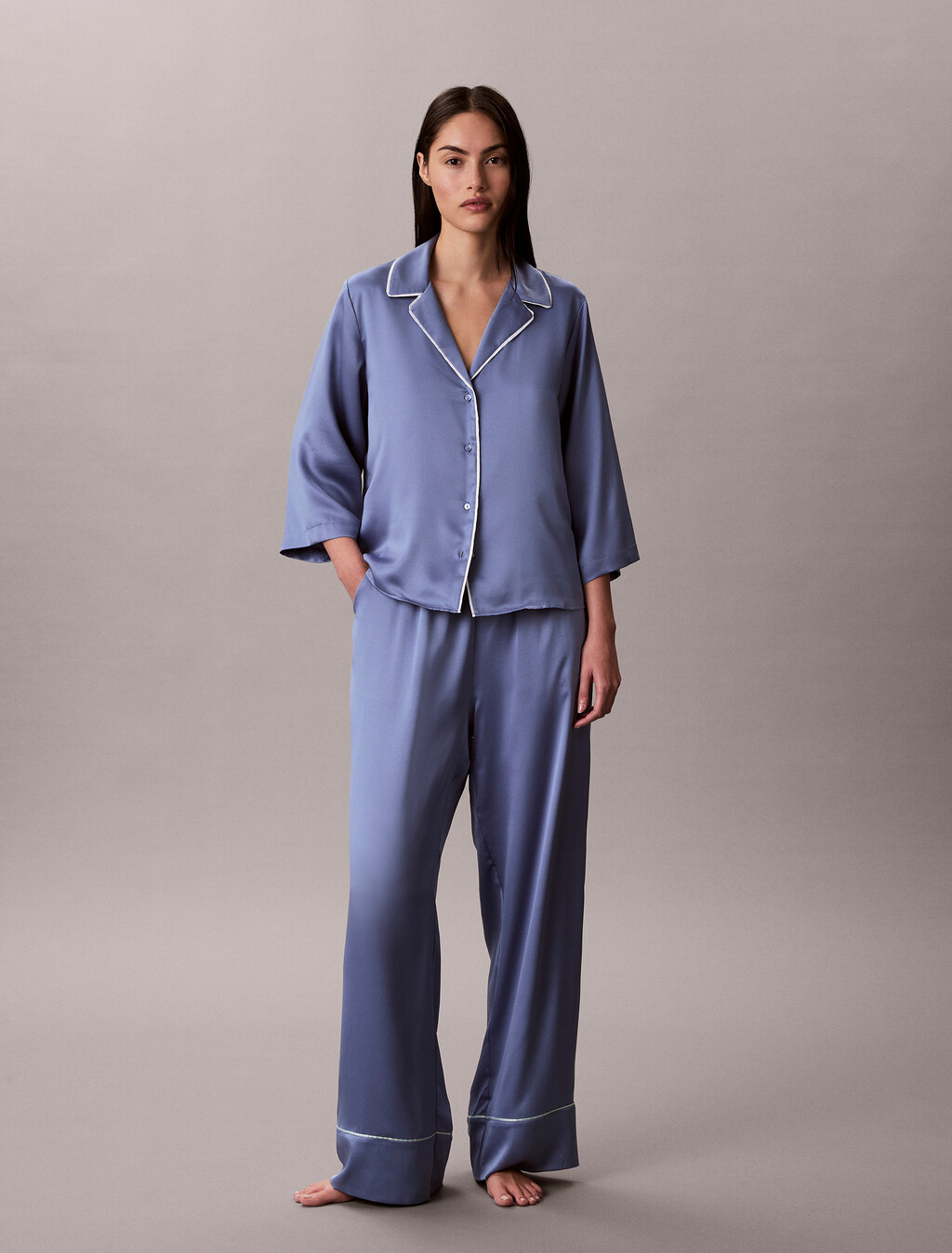 亮面緞面睡褲, Blue Tulip, hi-res