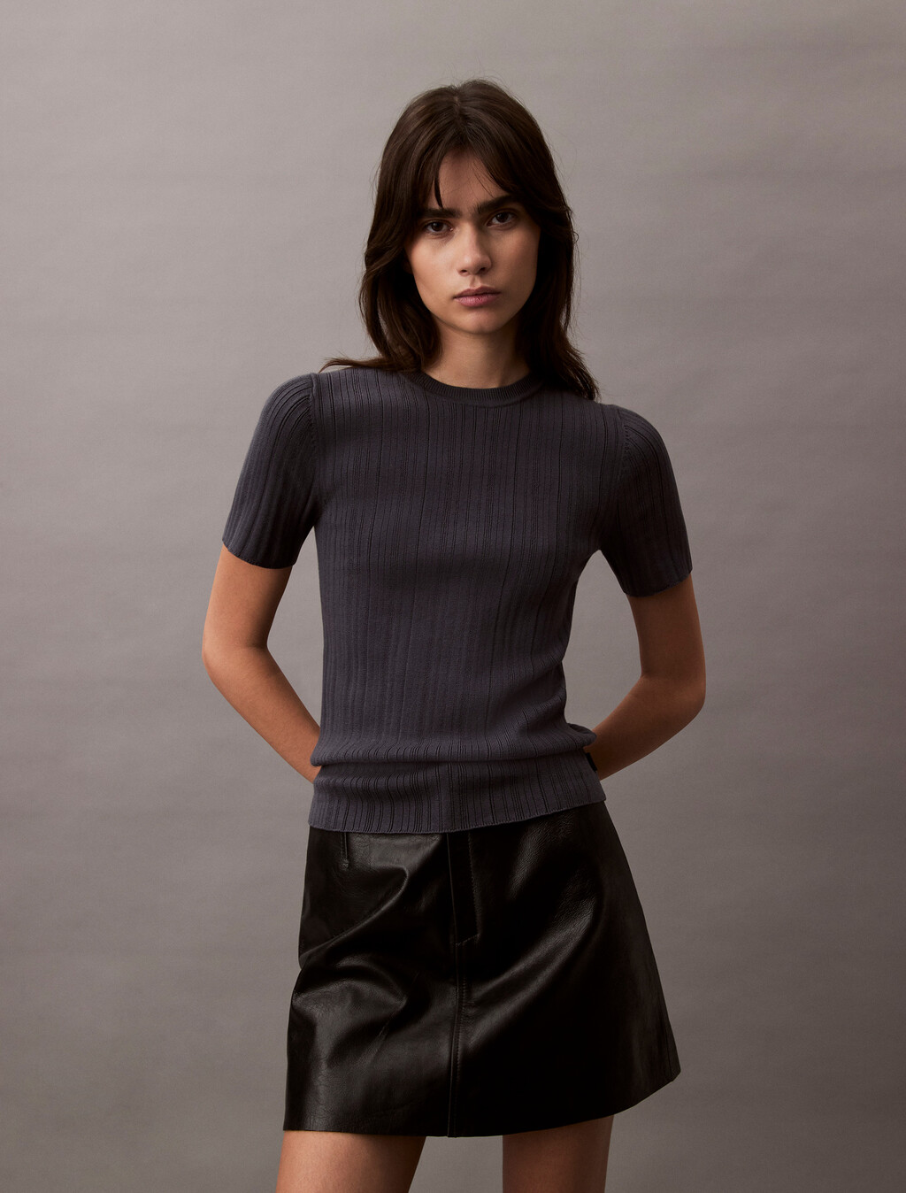 Cotton Variegated Rib Knit Top, Ebony, hi-res