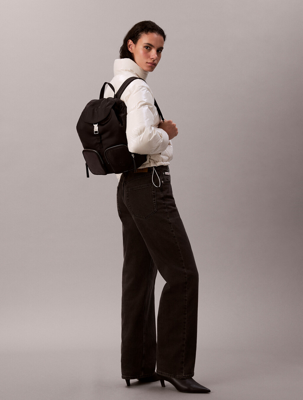 Soft Satin Nylon Flap Backpack, Black, hi-res