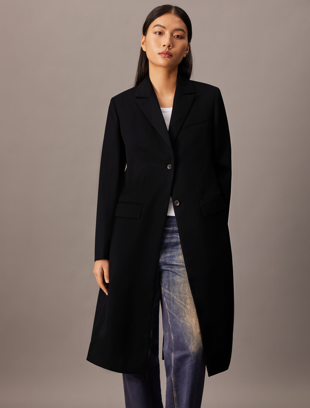 Crepe Wool Blend Single Breasted Overcoat, Black Beauty, hi-res