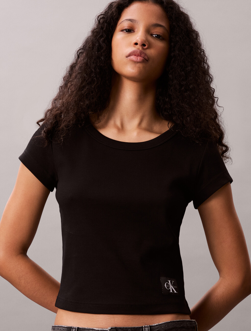 Cotton Stretch Rib Baby Tee, Black, hi-res
