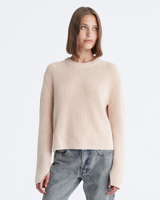 Smooth Cotton Chunky Knit Crewneck Sweater