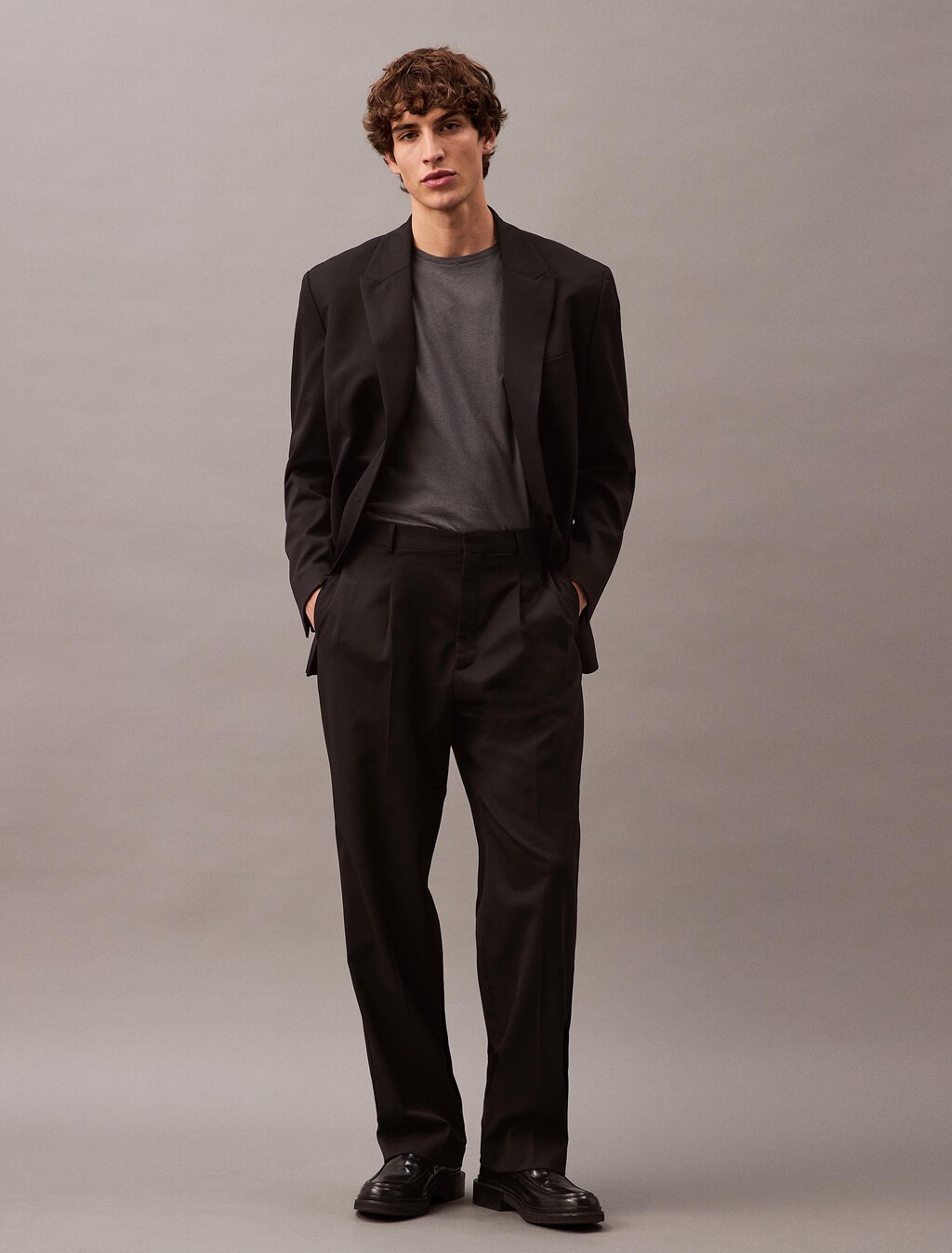 Wool Straight Pleated Trousers, Black Beauty, hi-res